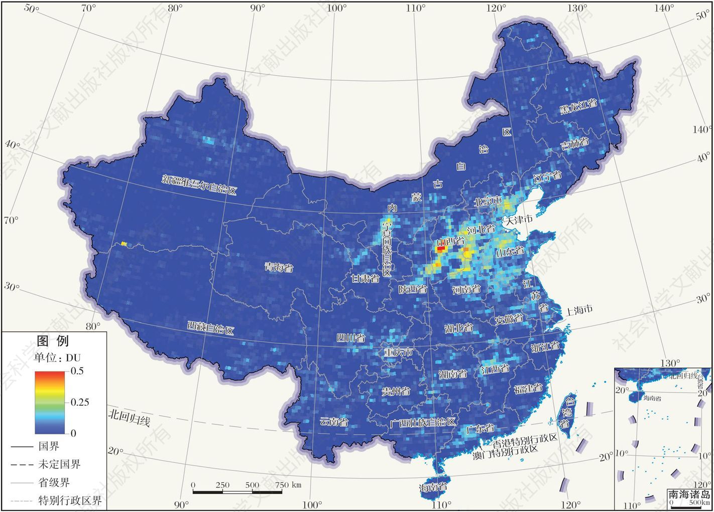 图8 2017年卫星遥感监测中国大气SO2柱浓度分布