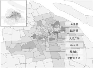 图20 上海市6个重要的商务区办公人群居住区域热度分布（2019年9月）