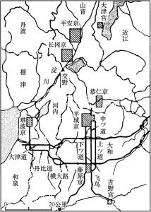 图3 日本古代宫室、都城迁移及交野的地理位置图