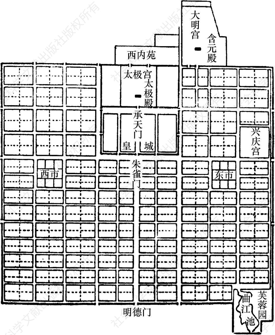图1 唐长安城布局及太极宫、大明宫位置示意图