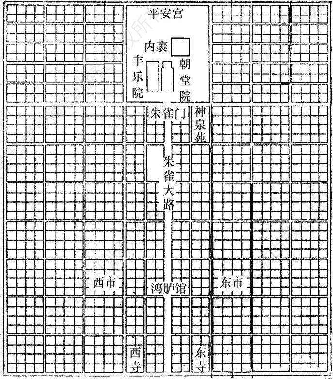 图5 日本平安京布局及平安宫主要宫殿位置