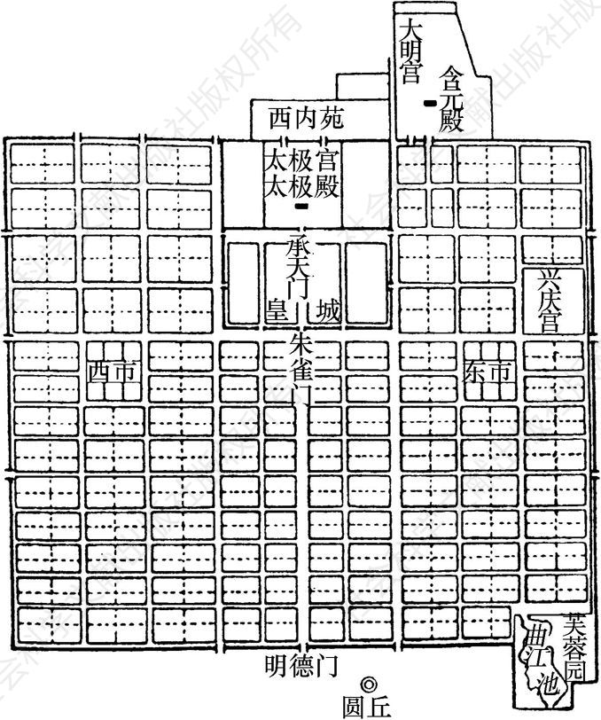 图1 唐长安城平面及圆丘位置示意图