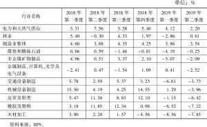 表3 2018～2019年下滑迹象明显的产业（季度同比实际增长率）