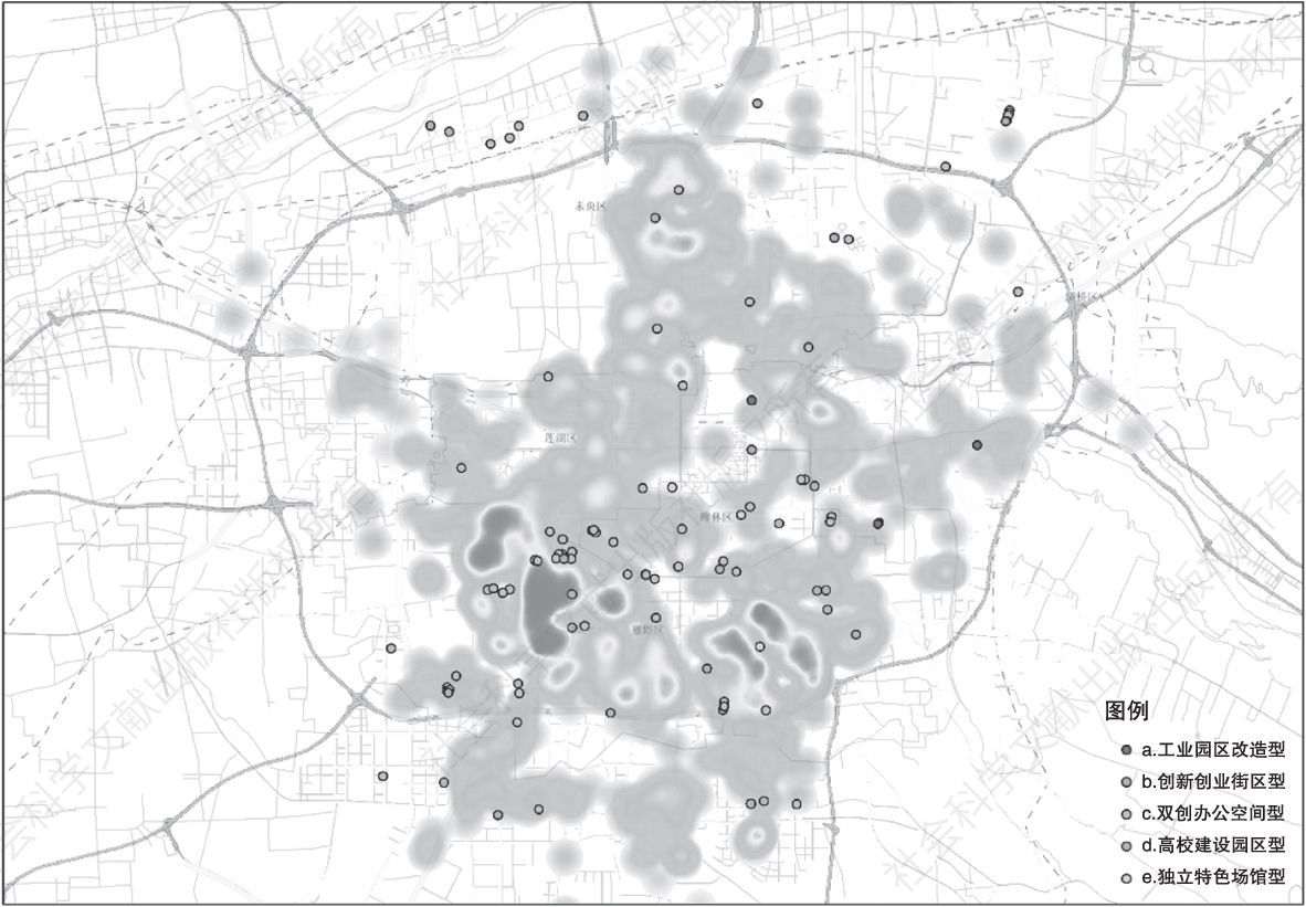 图12-5 西安文创空间分布区位与物业租金热力图叠加分析