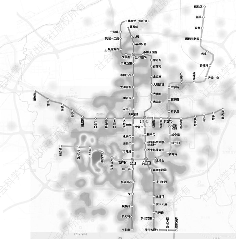 图13-1 西安轨道交通站点与房价之间的区位联系图
