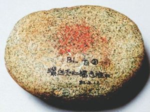 图2-6 残留赤铁矿石粉末的研磨器BLES⑥：308（长12.1厘米、宽9.6厘米、厚1.8厘米。白莲洞博物馆供图）