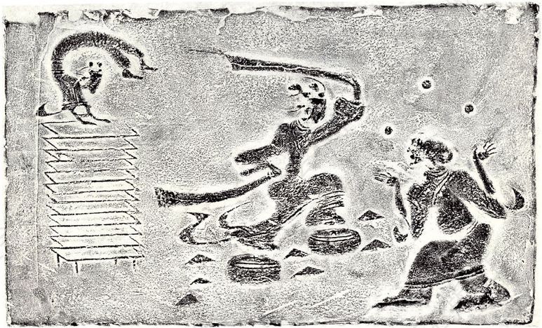 图18 四川画像砖中的七盘舞、弄丸与倒立杂技图