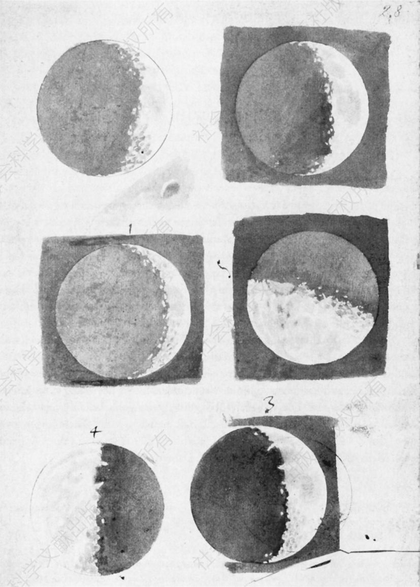 伽利略关于月球处在不同相位的著名黑白绘图，其中一幅草图上画着一座典型的月球环形山。