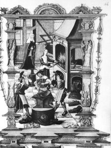 一个法国冶金厂。这幅16世纪的法国微型画显示，妇女也受雇于冶金厂，她们在厨房里练就的基本技能在对小熔炉的操作中派上了用场。
