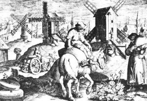 《带翼的磨坊》。约翰内斯·史特拉丹奴斯（Johannes Stradanus，1523～1605）创作的版画。画上题字说明：“为风所驱动的带翼的磨坊，据说罗马人对此闻所未闻。”这个佛兰德人的环境中有两种风车，一种为柱式，一种为塔式。由纽约公共图书馆提供。