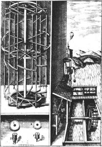 一架水力推磨机。这幅版画作品来自维托里奥·宗卡1607年出版的《论机械和建筑的技术创新》。这台机器把生丝捻成足够结实的长丝用来织布。捻丝者是机器的主人，他雇8到10个熟练工人，为丝绸商按件计价工作。