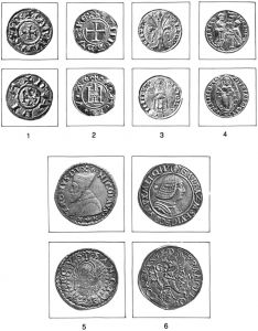 1是查理曼银币；2、3、4是中世纪意大利的主要金币，分别是热那亚的热那维诺金币、佛罗伦萨的弗罗林、威尼斯的杜卡特；5是威尼斯的带有特隆总督肖像的里拉；6是米兰的带有加莱亚佐·马里亚·斯福尔扎肖像的“元大头”。