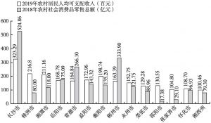 图2 湖南省分地区2019年农村居民收入与2018年消费情况