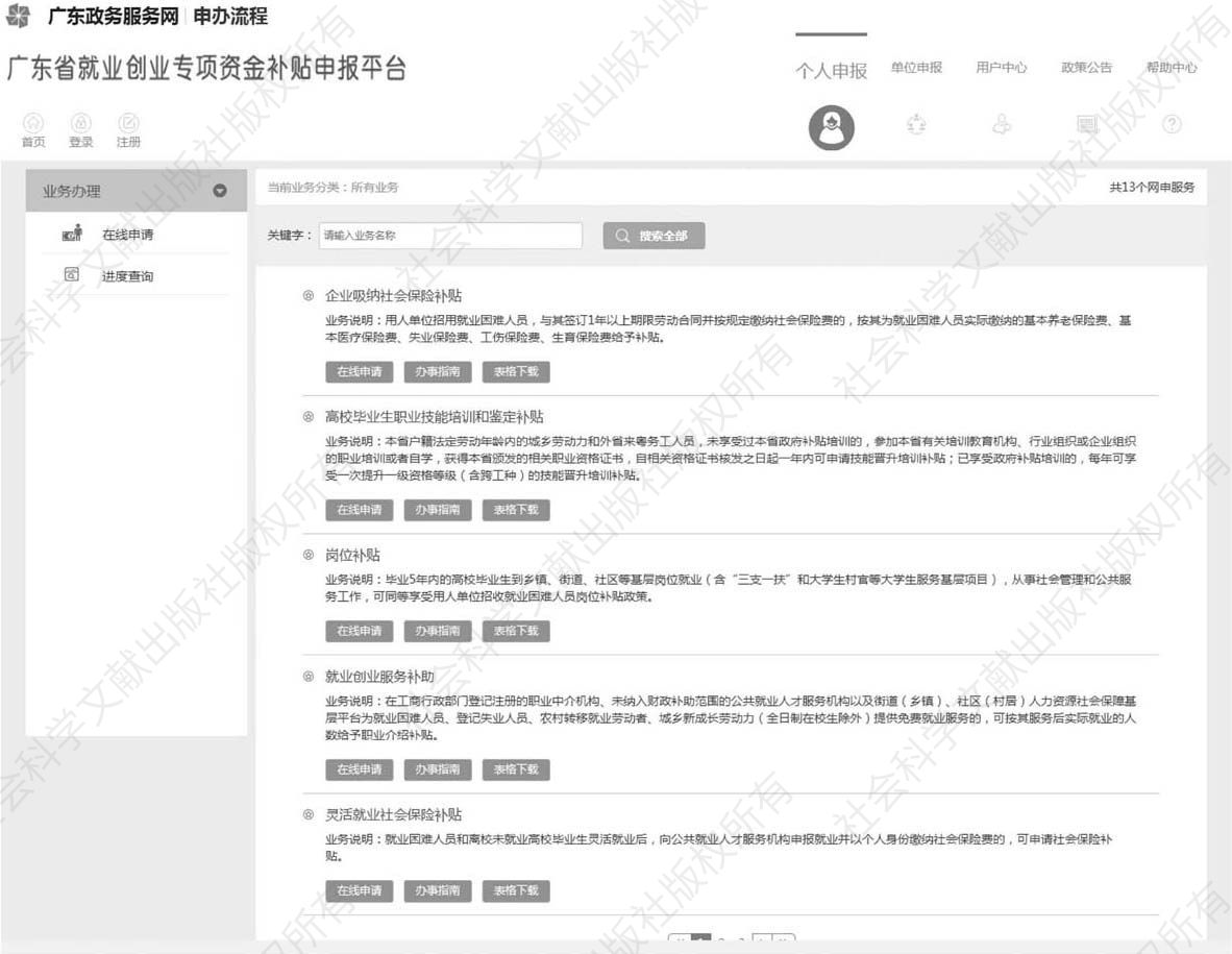 图16 广东省就业创业专项资金补贴申报平台