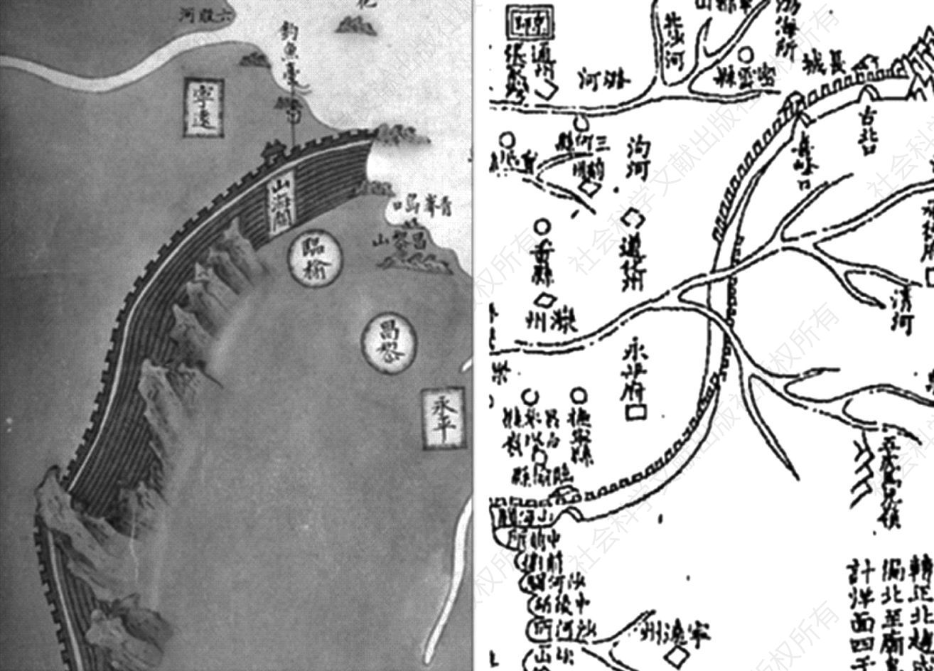 图3 《江海全图》之长城（左）、《海运图》之长城（右）