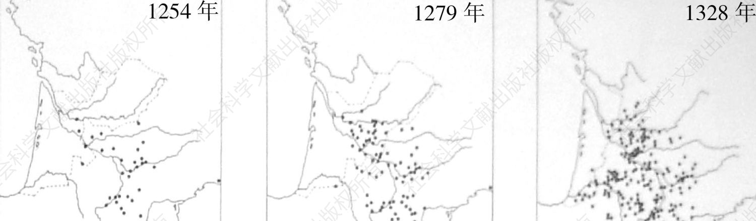 图3 1254～1328年法国西南部新城的发展态势