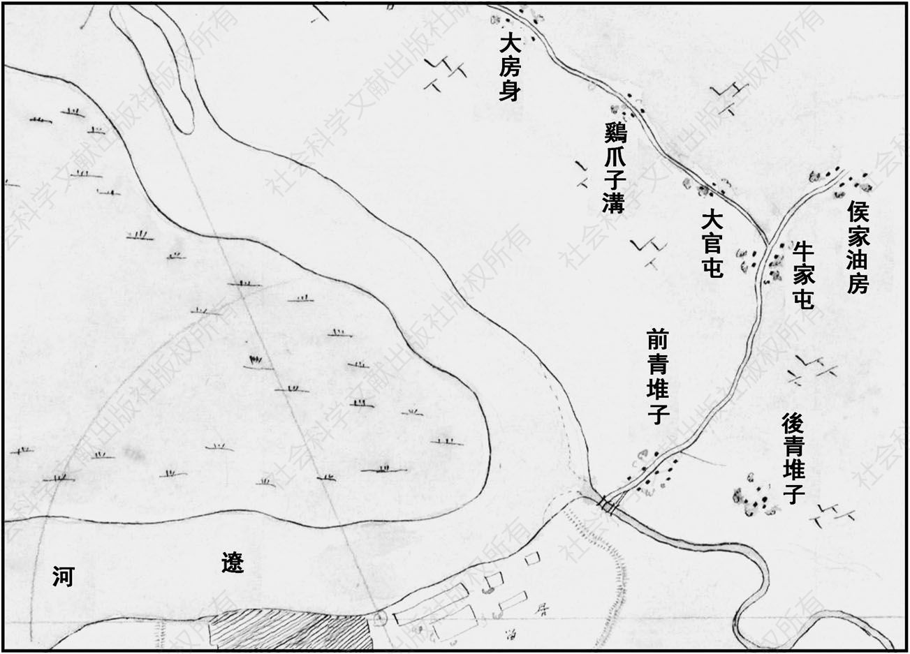 图7-1 日本人1880年手绘的《辽东道路图》标注有“鸡爪子沟”