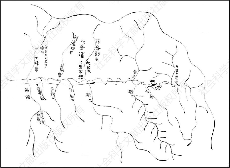 图序-3 天水放马滩秦墓出土标示道路与关隘的木板地图（M1.12A）