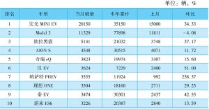表4 2020年9月中国新能源汽车销量TOP10