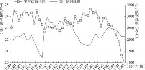 图8-2 1949～1993年队列成员平均初婚年龄及出生队列规模