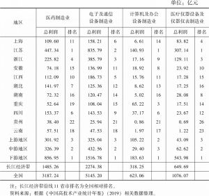 表9 2018年长江经济带沿线11省市高技术制造业细分行业总利润