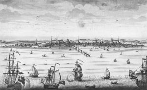 图2 《从东南方向远望美洲新英格兰地区的大城镇波士顿的景象》（A South East View of the Great Town of Boston in New England in America），创作于1736年前后。这幅画主要是根据一幅早期的雕版印刷品创作的，画中描绘的是威廉·弗莱和他的同伙因海盗罪受审时波士顿的样子