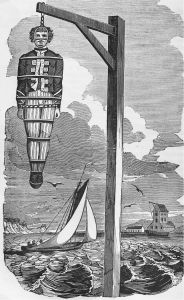 图38 用铁箍圈住、吊在蒂尔伯里角的威廉·基德船长（1837年的雕版印刷品）