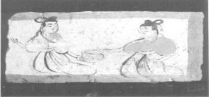 图6 嘉峪关魏晋古墓出土彩砖上所画着袴褶的女子