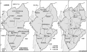 地图3 1925，1931和1936年卢旺达/布隆迪的公路网络