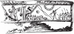士兵藏在万字盾牌后躲避攻击。意大利，巴司度呣，昂得赫斡洛墓冢壁画，约公元前330—前320年