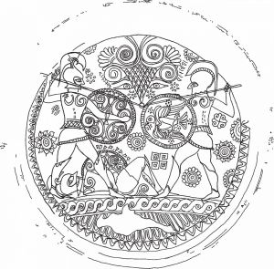 帕特罗克斯死于赫克托尔之手。几何装饰纹，卷草花和万字图案。陶盘，约公元前640年。伦敦大英博物馆