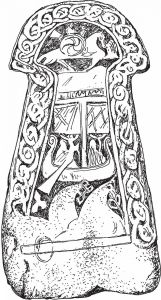维京人石碑上雕刻的骑士盾牌有变体的万字符号