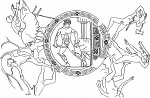忒修斯杀死怪物弥诺陶罗斯，成功地从迷宫出来。希腊回纹，象征弥诺斯的建筑原则。希腊陶盘，公元前约600年。伦敦，大英博物馆