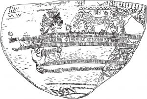 希腊型的陶罐碎片上绘有动物和带回纹形的万字图案。古代埃及