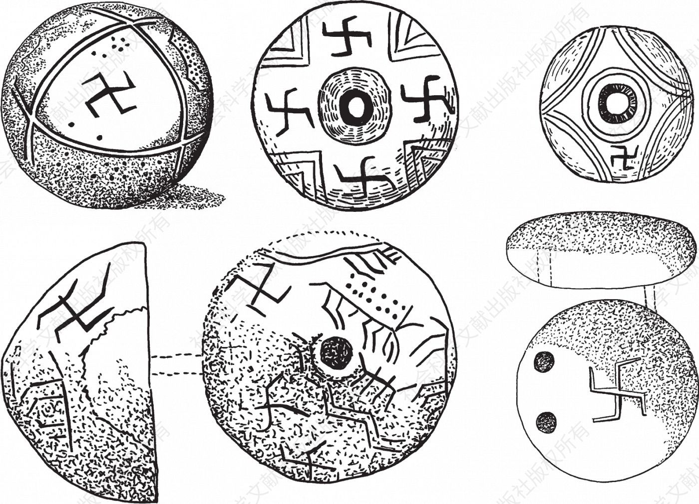 圆锥的纺锤状环形物，刻画有一个或多个万字，神秘的多触觉线体。特洛伊第四城