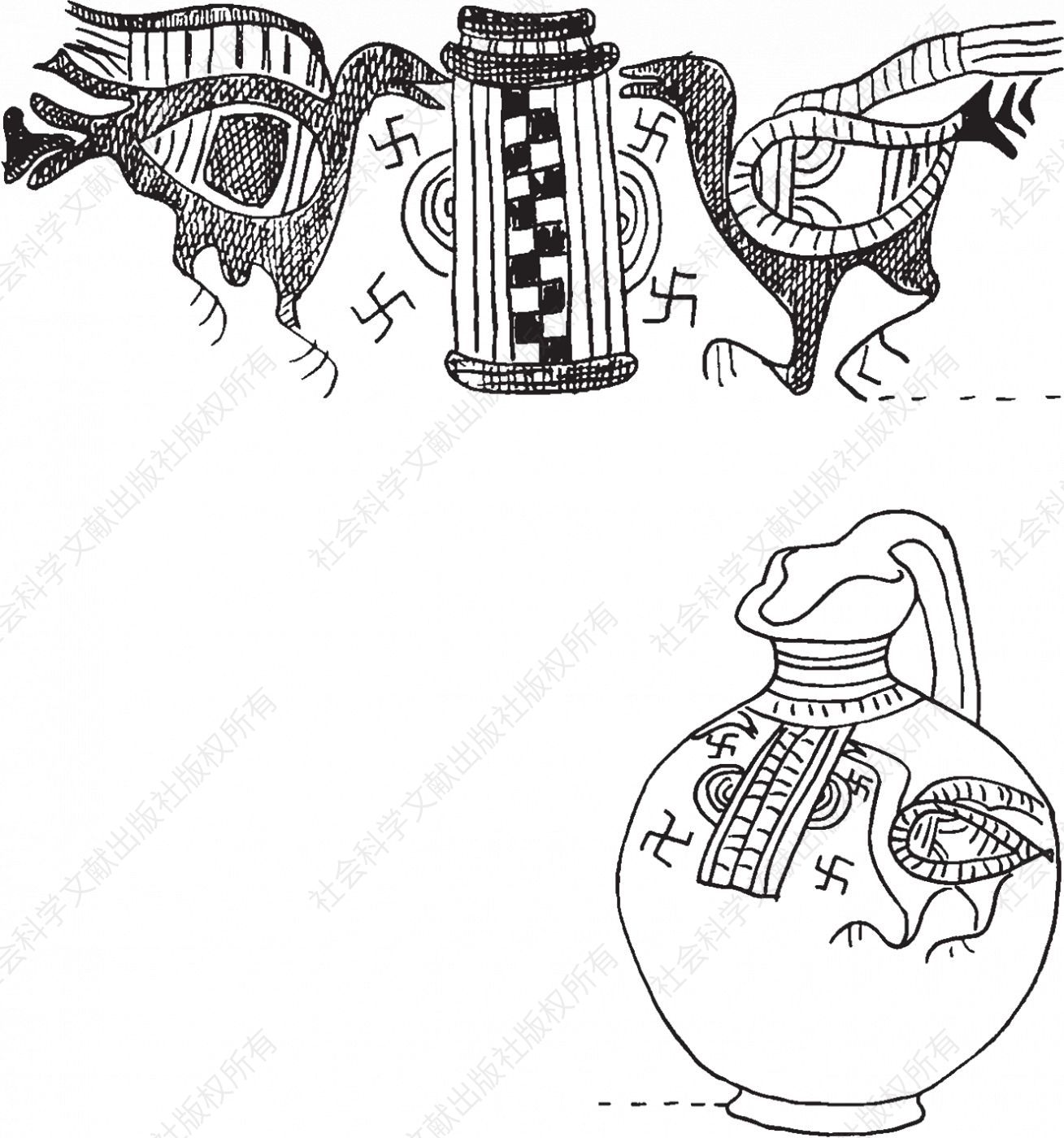 塞浦路斯花瓶及其细部，鸟和万字图案。大都会博物馆，纽约