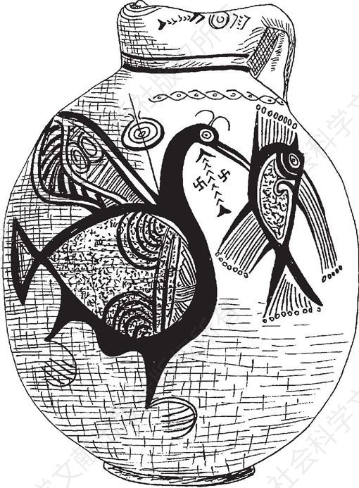 塞浦路斯花瓶，2个万字符号，鸟和鱼图案。大都会博物馆，纽约