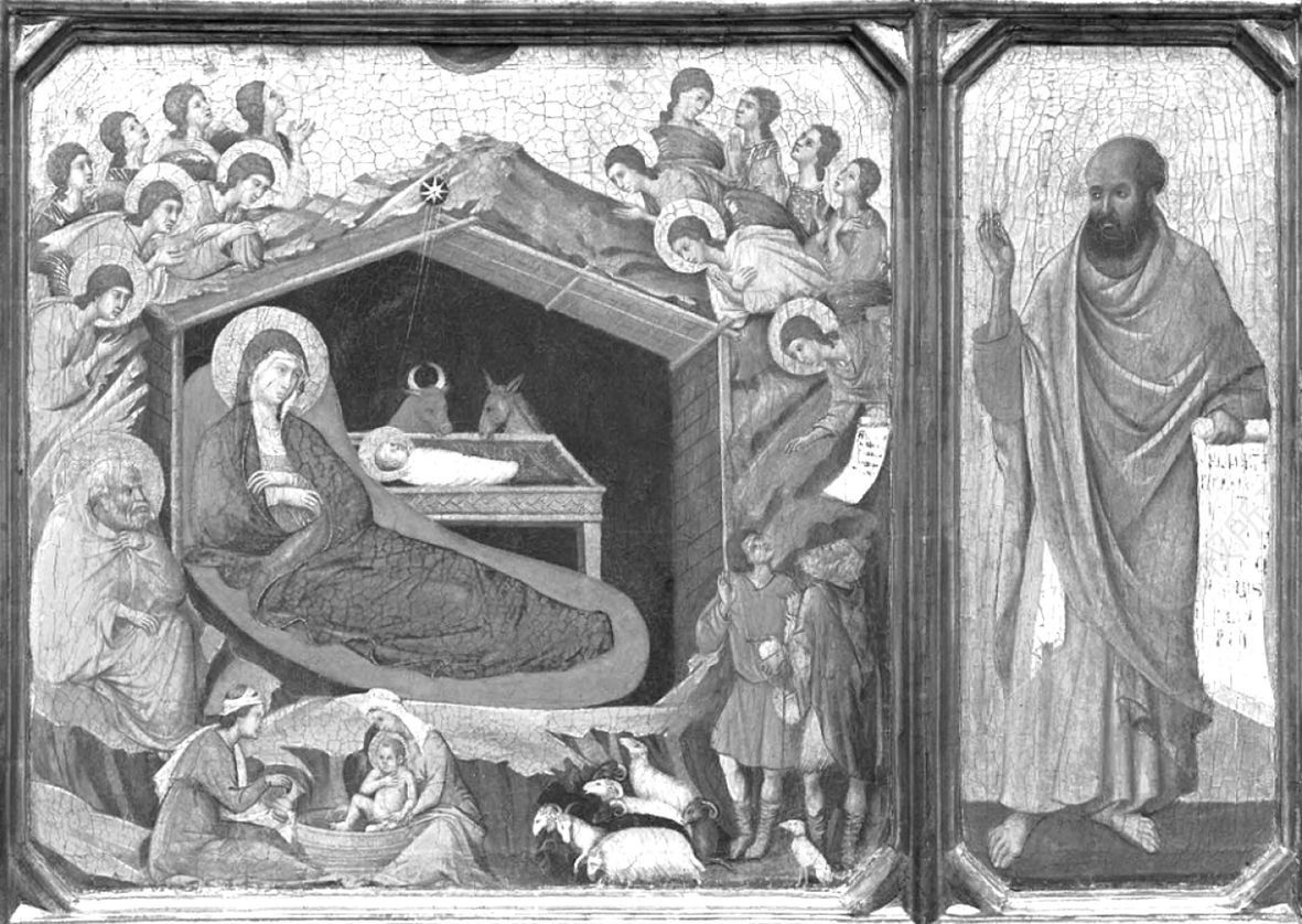 图4 杜乔·迪·博尼塞尼亚：《宝座圣母》，前底饰板之“基督诞生”和“以西结”，板上坦培拉，左：43.5cm×44.5cm，右：43.5cm×16cm，华盛顿国家美术馆