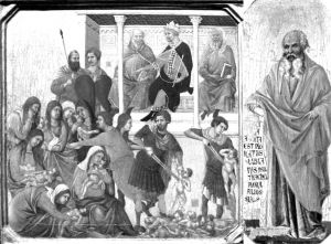图6 杜乔·迪·博尼塞尼亚：《宝座圣母》，前底饰板之“屠杀婴儿”和“耶利米”，板上坦培拉，左：42.5cm×43.5cm，右：42.5cm×16cm，锡耶纳大教堂博物馆