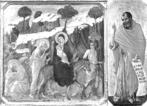 图7 杜乔·迪·博尼塞尼亚：《宝座圣母》，前底饰板之“逃往埃及”和“何西阿”，板上坦培拉，左：42.5cm×44cm，右：42.5cm×16cm，锡耶纳大教堂博物馆