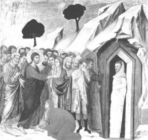 图12 杜乔·迪·博尼塞尼亚：《宝座圣母》，背板底饰板之“拉撒路复活”，板上坦培拉，46cm×43cm，得克萨斯州沃思堡的金贝尔艺术博物馆
