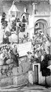 图20 杜乔·迪·博尼塞尼亚：《宝座圣母》，背板中心板之“进入耶路撒冷”，板上坦培拉，100cm×57cm，锡耶纳大教堂博物馆