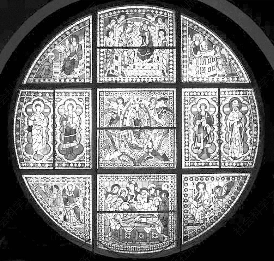图27 杜乔·迪·博尼塞尼亚：《锡耶纳大教堂彩色玻璃窗》，彩色玻璃画，1287—1288年，直径：560cm，锡耶纳大教堂博物馆