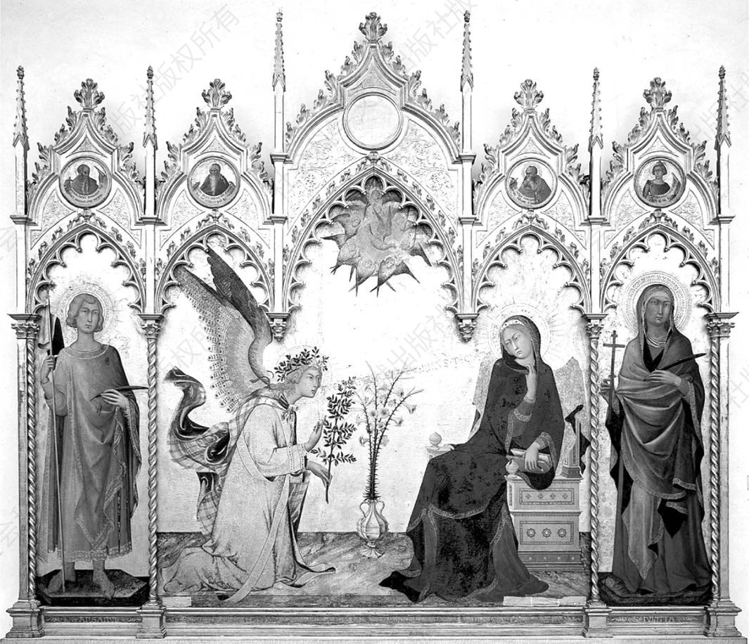 图28 西蒙内·马蒂尼和利波·梅米：《圣母领报》，约1330—1333年，板上坦培拉，总尺寸：265cm×305cm，其中中心板：265cm×184cm，左、右侧板：158cm×48cm，佛罗伦萨乌菲齐美术馆