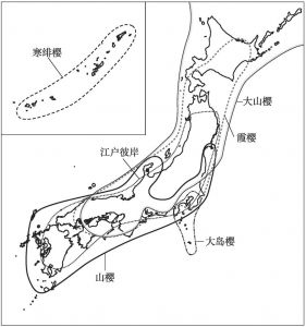 按地域粗略划分的自生品种分布图。大山樱原生长于九州的高山地带，寒绯樱则有野生化之说