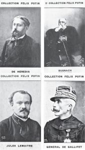 这些巧克力卡上的人物（从左上开始，顺时针）分别是诗人若瑟-马里亚·德·埃雷迪亚、剧作家维利·布斯纳什、剧作家和戏剧评论家朱尔·勒迈特、将军加斯东·德·加利费侯爵