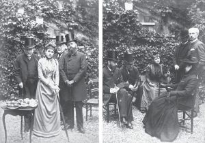 阿莱维相册里的两张照片。左起，德加、热纳维耶芙、阿尔贝·布朗热-卡韦、路易·冈德拉。右图，坐者左起，梅尔希奥·德·沃居埃、卢多维克·阿莱维、德·布鲁瓦西亚伯爵夫人（Comtesse de Broissia）、路易丝·阿莱维，站立者从左到右，达尼埃尔·阿莱维、夏尔·阿斯。该相册中的所有照片都是由洛尔和奥尔唐斯·豪兰两人的交际家朋友迪洛侯爵（Marquis de Lau）所摄，奥尔唐斯也长期是德加的情妇