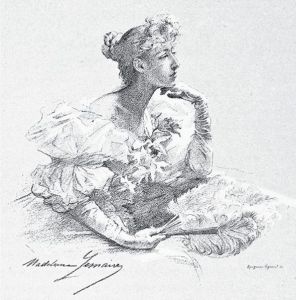 玛德琳·勒梅尔为普鲁斯特的第一本书《欢乐与时日》（Pleasures and Days，1896年）画的插图，表现了他虚构的社交女前辈那种忧郁的神往之情