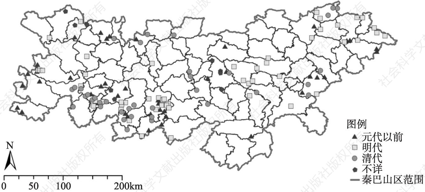 图3-2 秦巴山区不同年代的国家级传统村落分布