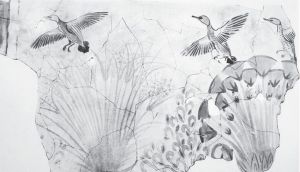 图5 从一片沼泽地上展翅起飞的鸭子及水生植物，玛鲁-阿吞宫中的地板画，高101厘米，宽160厘米，现存于开罗博物馆